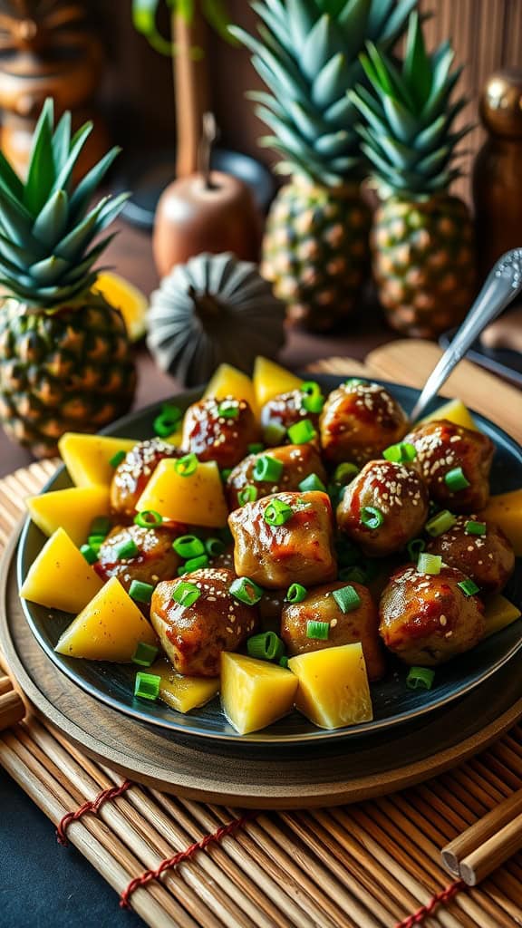 Delicious Pineapple Teriyaki Meatballs served with fresh pineapple chunks