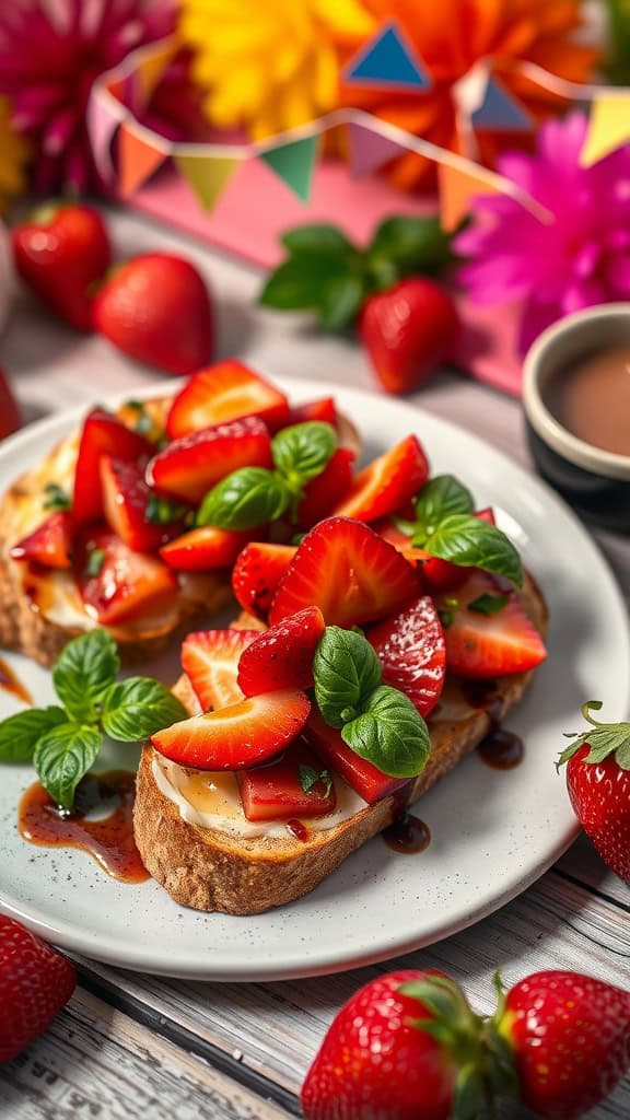 Sweet and savory strawberry bruschetta with fresh basil, drizzled with balsamic glaze