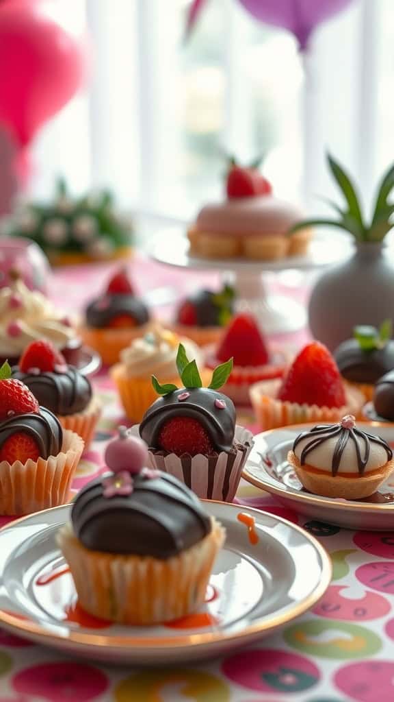 An array of colorful mini desserts, including decorated cupcakes and pastries, perfect for a party setting.