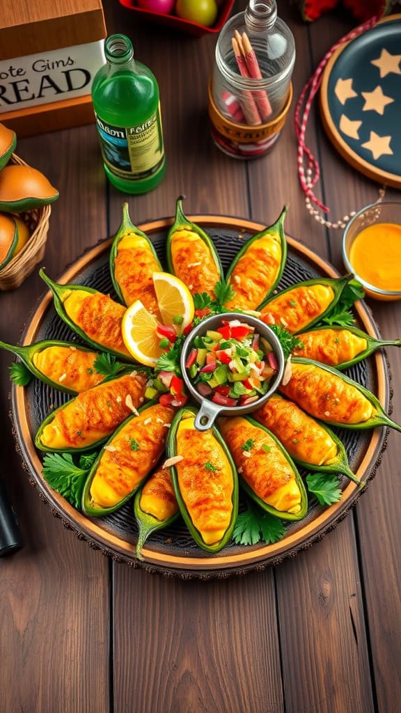 Delicious sweet and spicy jalapeño poppers arranged on a rustic wooden platter.