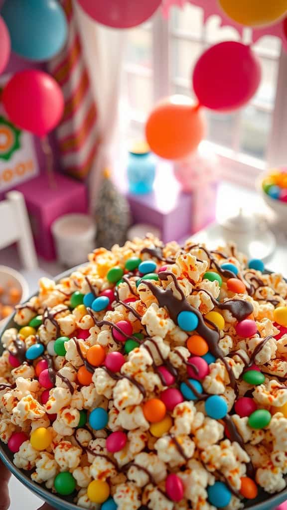 Colorful chocolate drizzle popcorn with candy pieces for kids