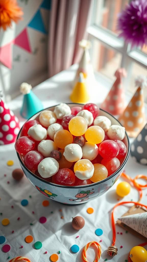 A bowl filled with colorful yogurt-dipped frozen grapes, ready for a party.