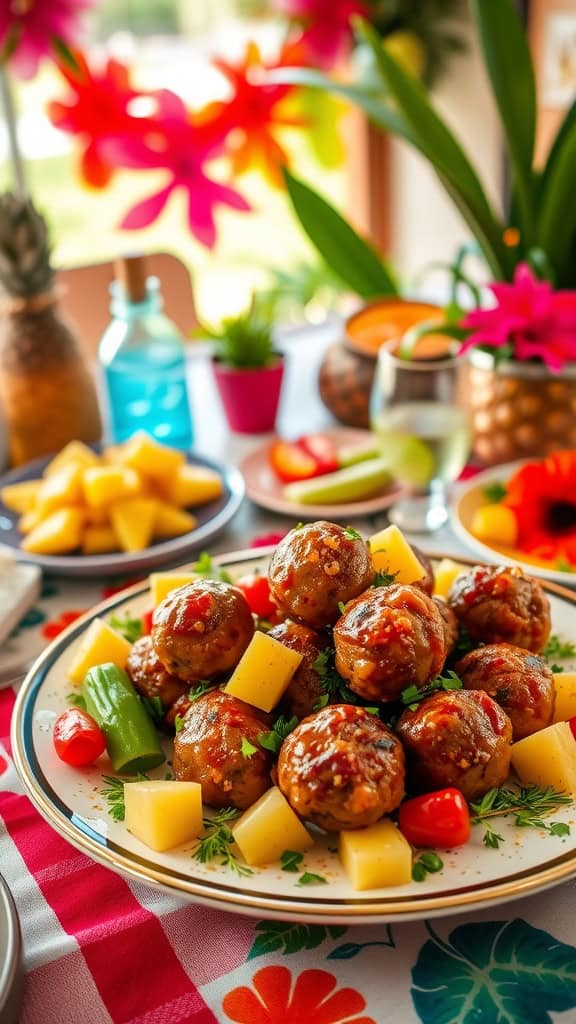 Plate of sweet and savory luau meatballs garnished with pineapple and vegetables