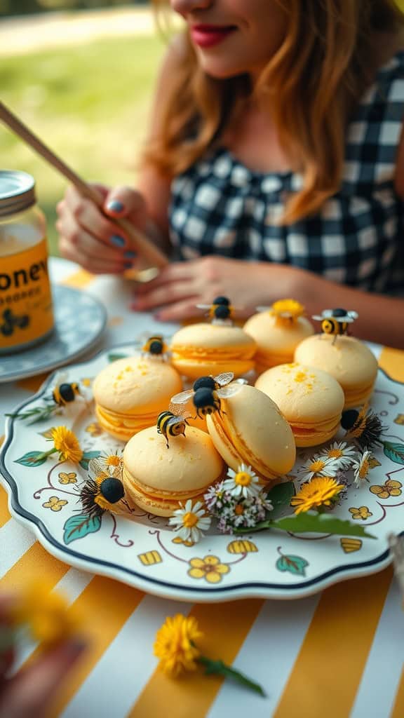 A plate of honey and lemon macarons decorated with flowers and little bees.