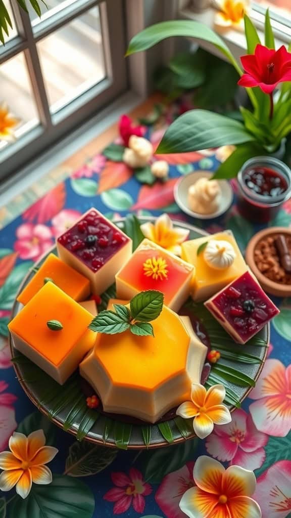 Colorful Filipino desserts arranged on a platter, including leche flan and jelly, decorated with flowers.