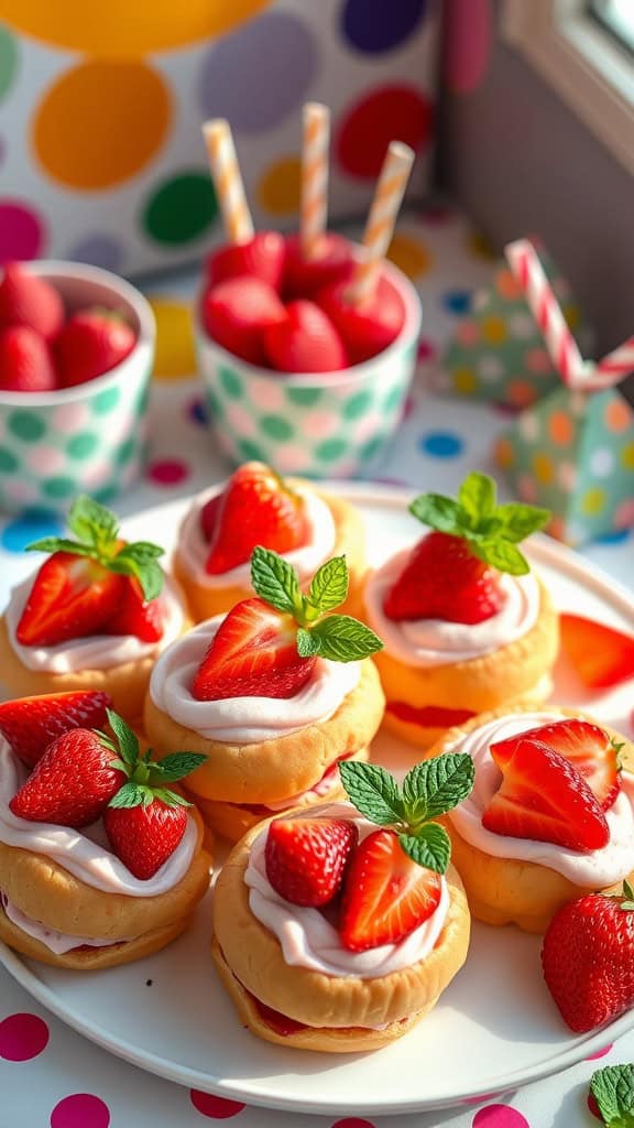 Sweet strawberry cream puffs garnished with fresh strawberries and mint leaves