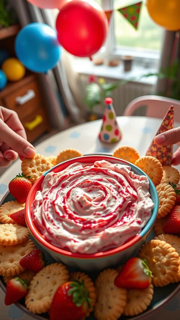 Strawberry shortcake dip served with cookie dippers, ideal for a first birthday celebration.