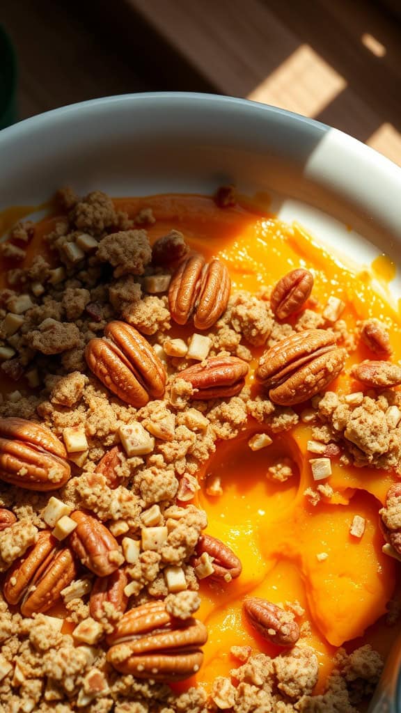 A close-up of sweet potato casserole topped with pecans and crumble.