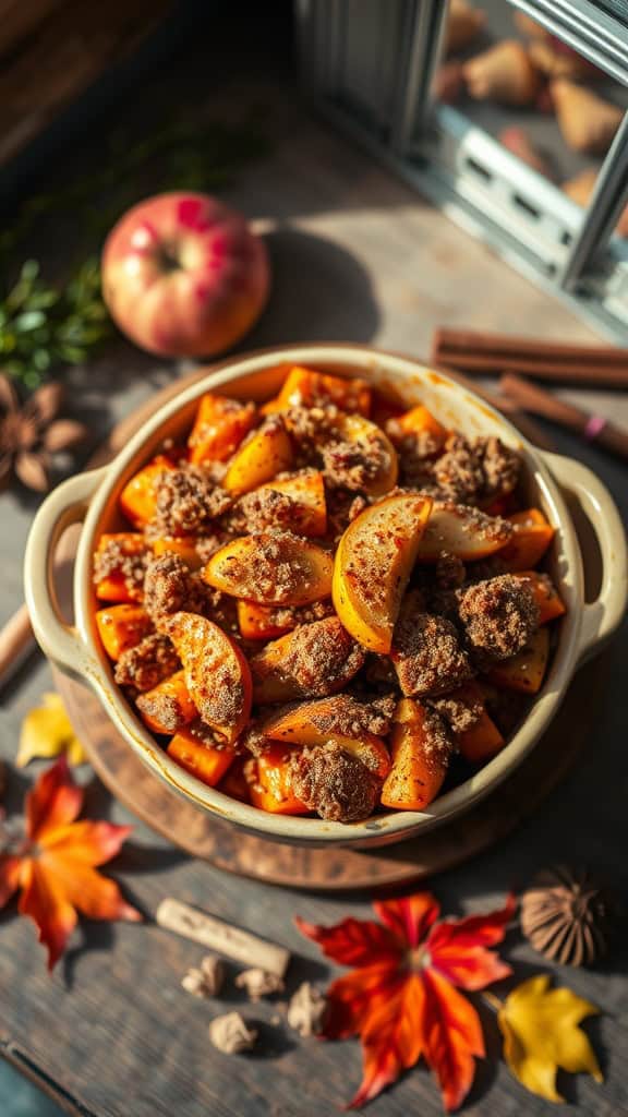 A sweet potato casserole topped with baked apple slices and a crunchy pecan topping, perfect for gatherings.