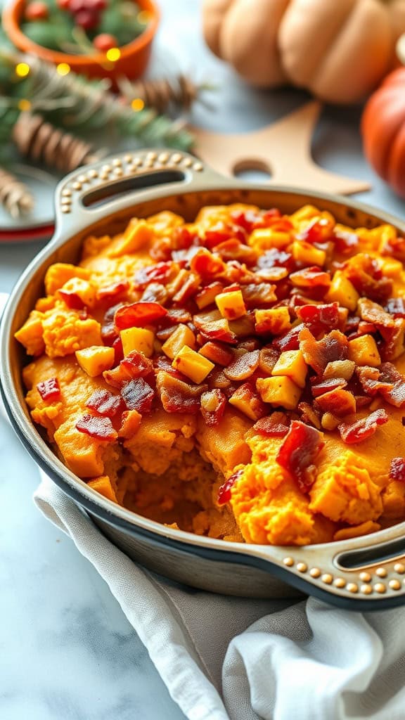 Sweet potato casserole topped with crispy bacon bits in a serving dish, garnished with pecans