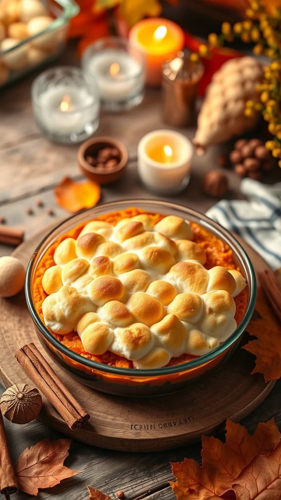 Delicious sweet potato casserole topped with marshmallows, surrounded by autumn decor.