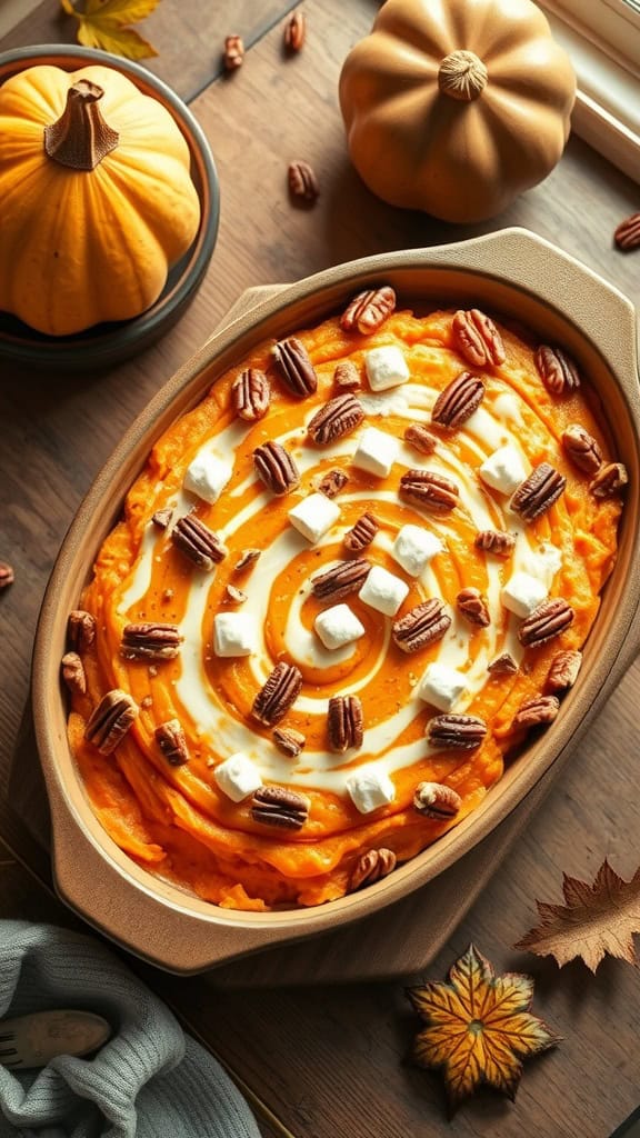 Sweet potato casserole with cream cheese swirl topped with pecans and marshmallows.