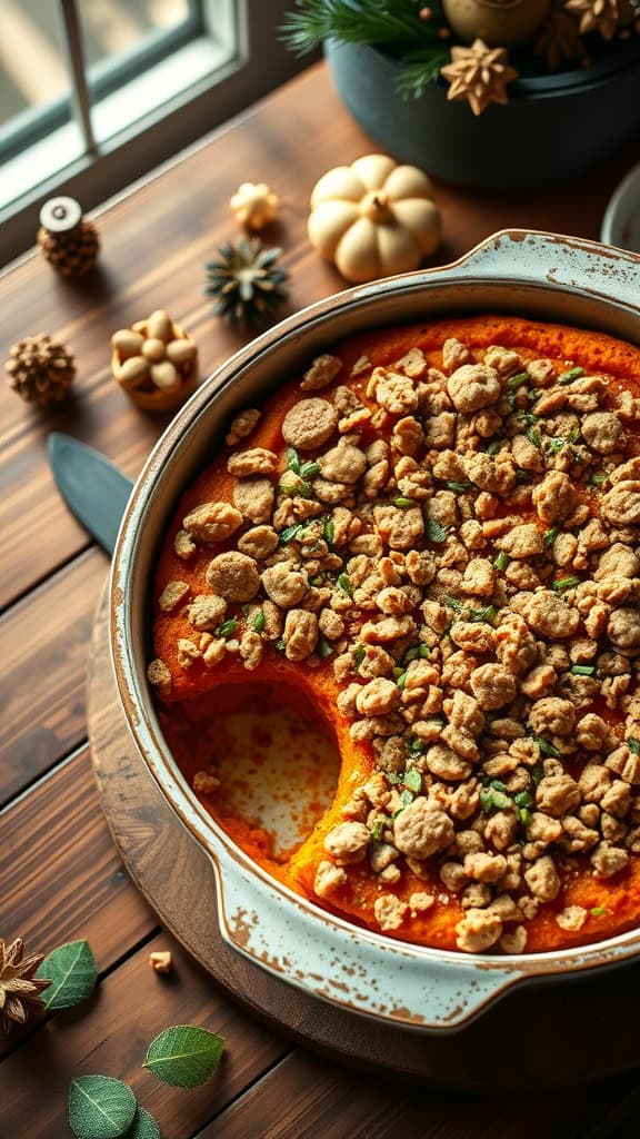 A delicious sweet potato casserole topped with a spiced ginger snap cookie crumble.