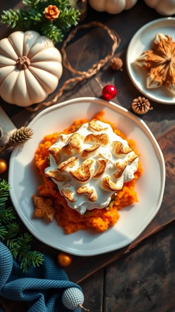 A beautifully presented sweet potato casserole topped with a fluffy marshmallow meringue.