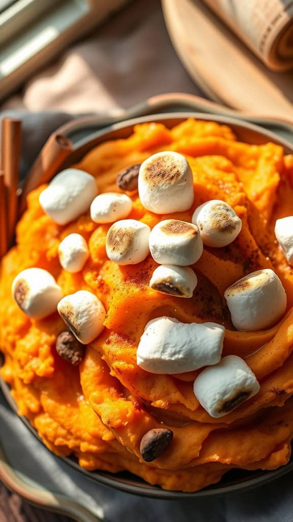 A delicious sweet potato casserole topped with toasted marshmallows.