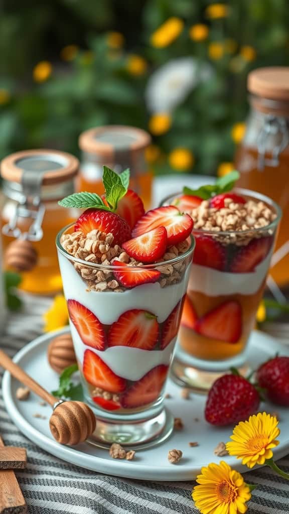 Delicious strawberry and honey yogurt parfaits with granola and mint leaves.