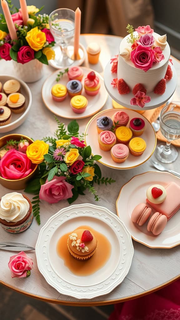 A beautifully decorated bachelorette party dessert table featuring colorful cupcakes and macarons with fresh fruit.