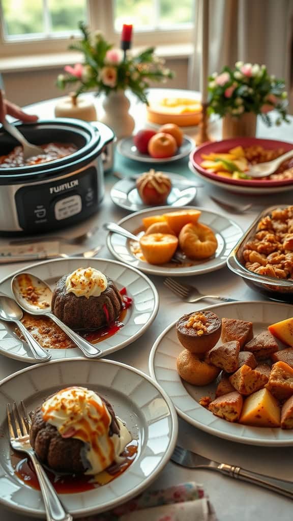 A variety of delicious crockpot desserts arranged on a table, including mini bundt cakes and fruit dishes.