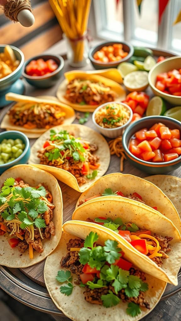 A vibrant taco bar with assorted fillings and toppings, perfect for a party buffet.