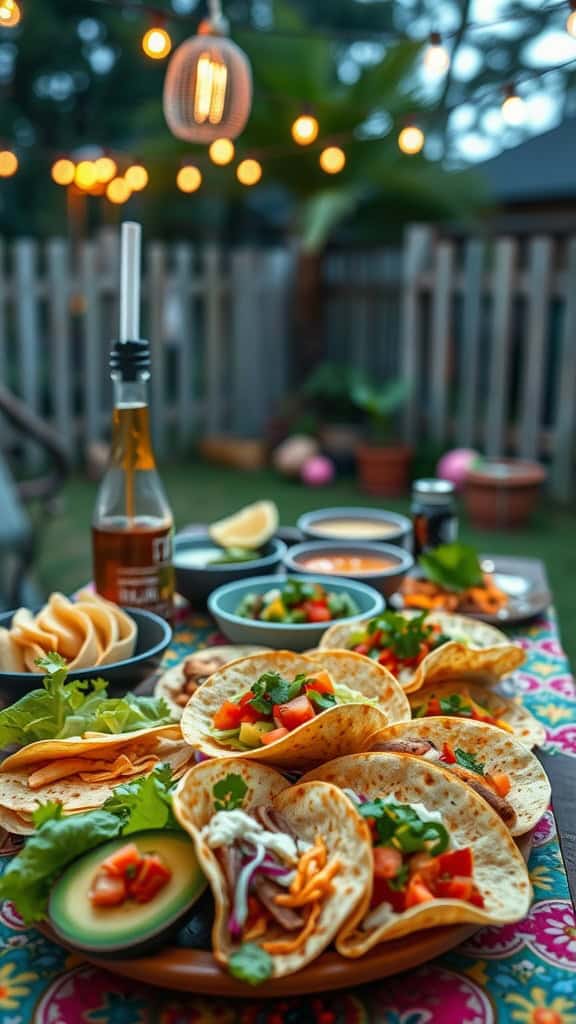 A vibrant taco bar setup for a backyard party.