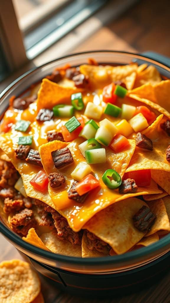 A delicious taco casserole with layers of tortilla chips, meat, cheese, and colorful toppings.