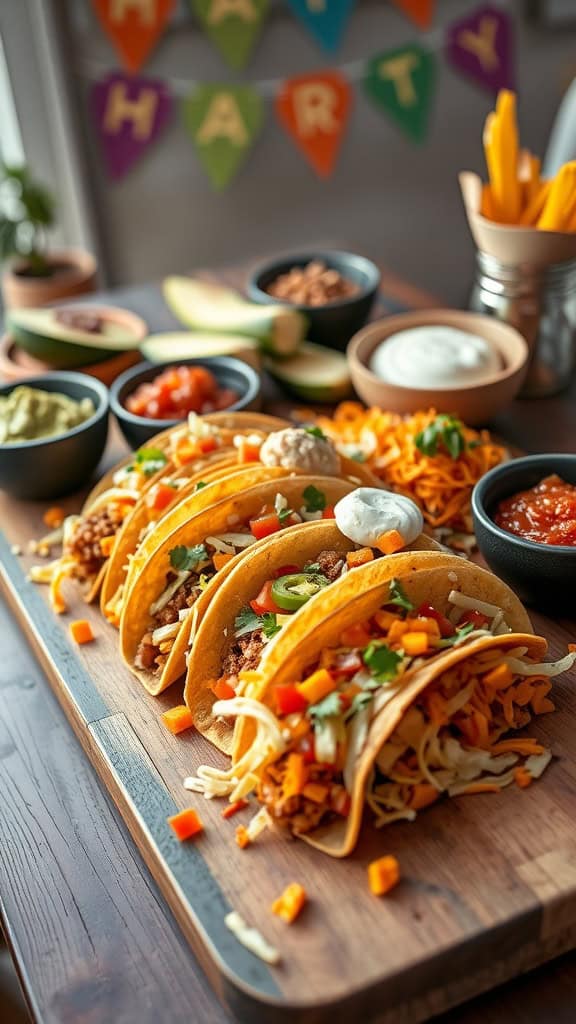 A taco food board with taco shells, toppings, and sauces for a party.