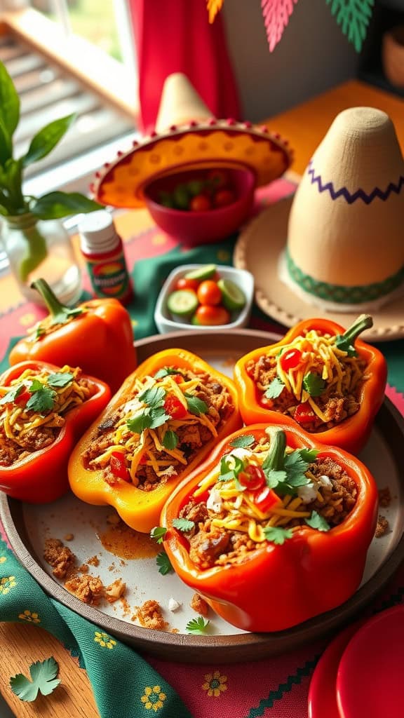 Taco stuffed peppers on a festive table, perfect for Cinco de Mayo.