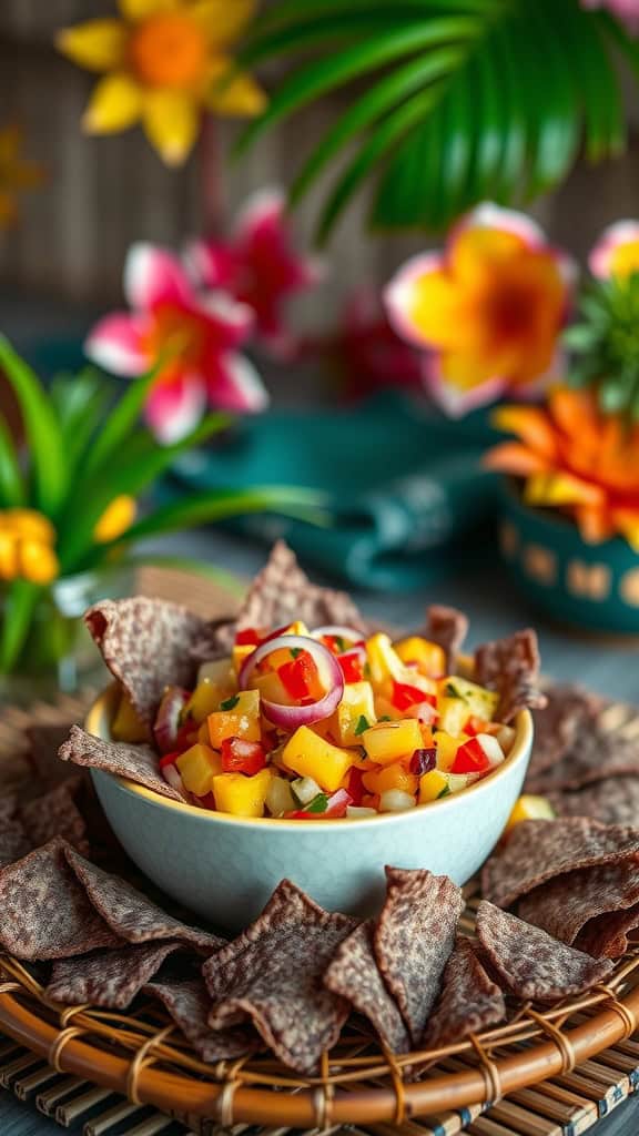 Taro chips served with a colorful tropical salsa in a bowl.