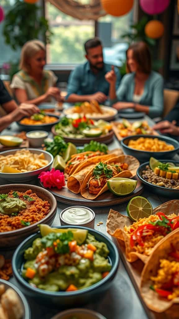 A colorful spread of Mexican tacos and sides at a party.