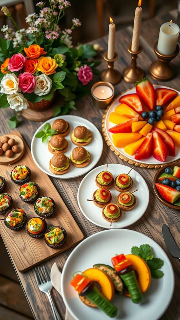 A table set for a bachelorette party with a variety of vegan dishes, including mini veggie sliders, fresh fruit, and colorful decorations.