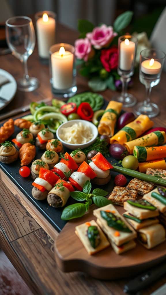 A vibrant spread of vegetarian and vegan engagement party food.