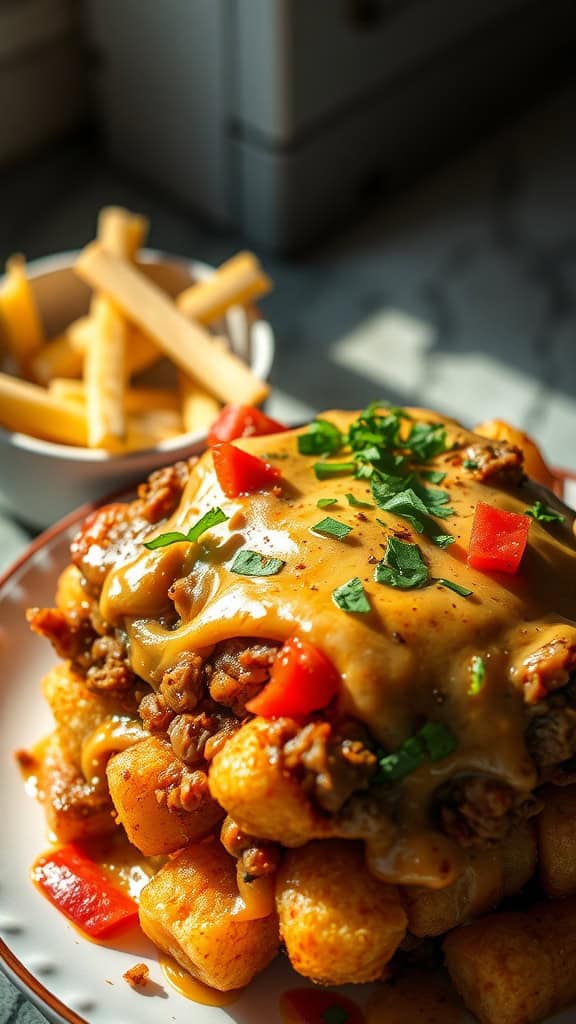 A delicious tater tot casserole topped with cheese, ground meat, and vegetables.