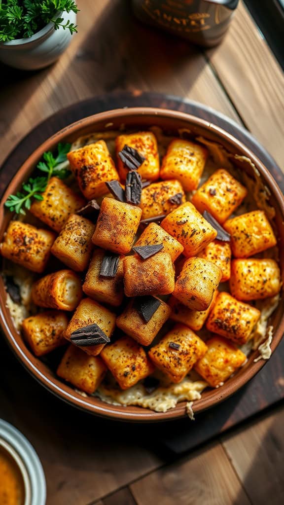 A delicious tater tot casserole topped with crispy tater tots and accented with dark chocolate.