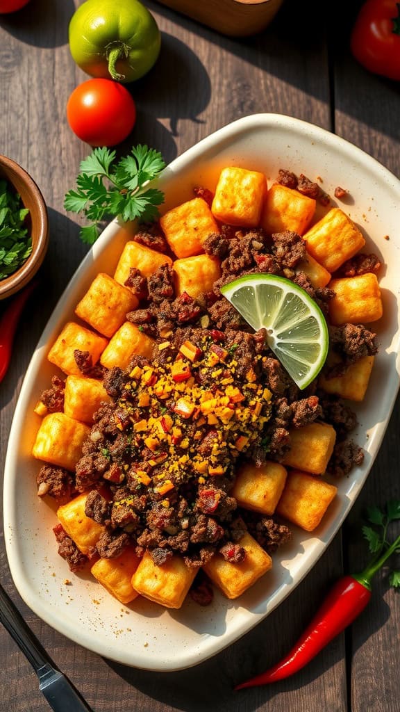 A colorful tater tot casserole topped with seasoned beef, citrus zest, and surrounded by fresh ingredients.