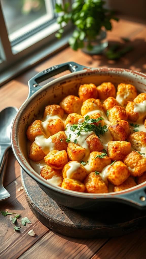 A rich and creamy tater tot casserole made with ground beef and topped with brie cheese.