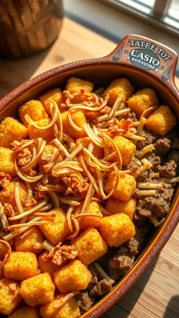 Tater tot casserole topped with crispy fried onions and cheese, served in a decorative dish.