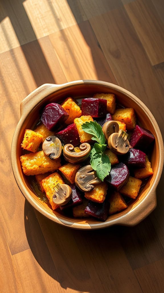 A delicious tater tot casserole with earthy ingredients like beets and mushrooms.