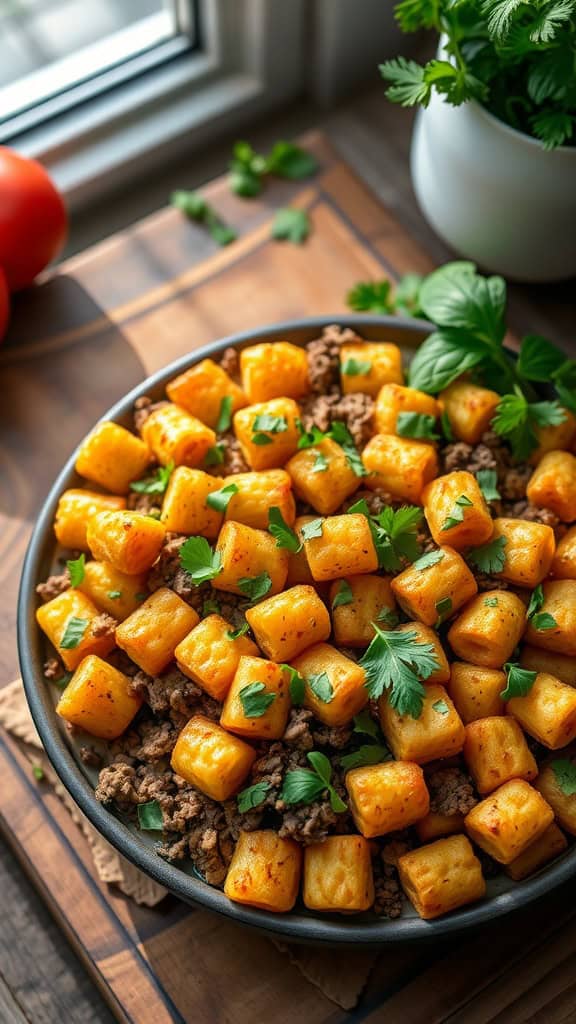 A flavorful tater tot casserole topped with fresh herbs for a vibrant touch.