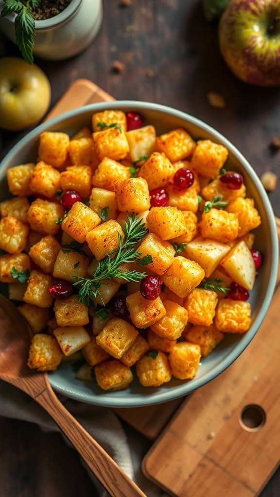 A vibrant dish of tater tot casserole with apples and cranberries