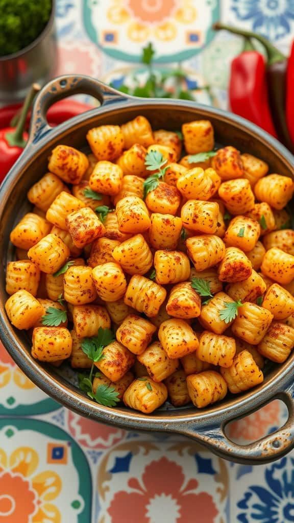 A beautifully arranged tater tot casserole with Moroccan spices, featuring crispy tots and vibrant garnishes.