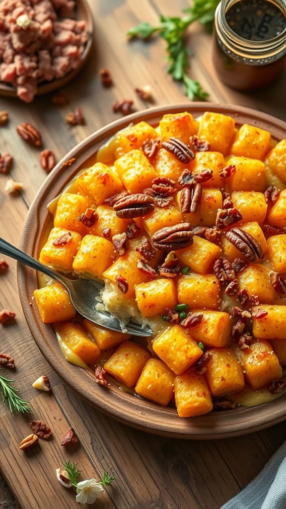 A delicious tater tot casserole topped with pecans and cheese