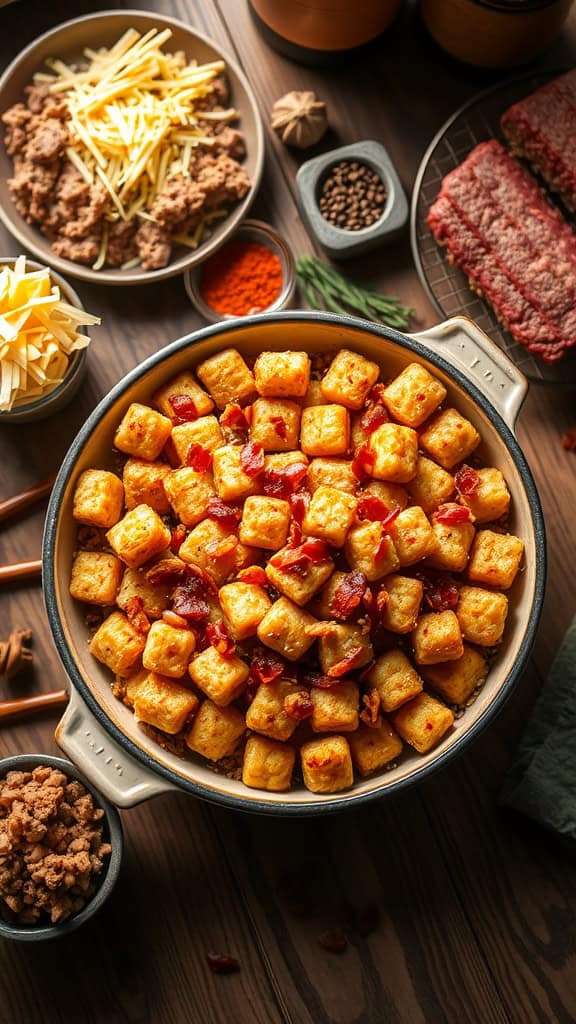 A delicious tater tot casserole topped with crispy bacon and pretzels.