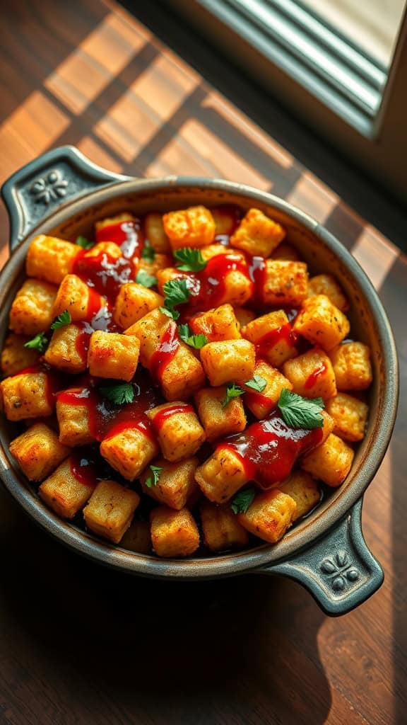 A delicious tater tot casserole featuring crispy tater tots and rich barbecue flavors, garnished with fresh herbs.