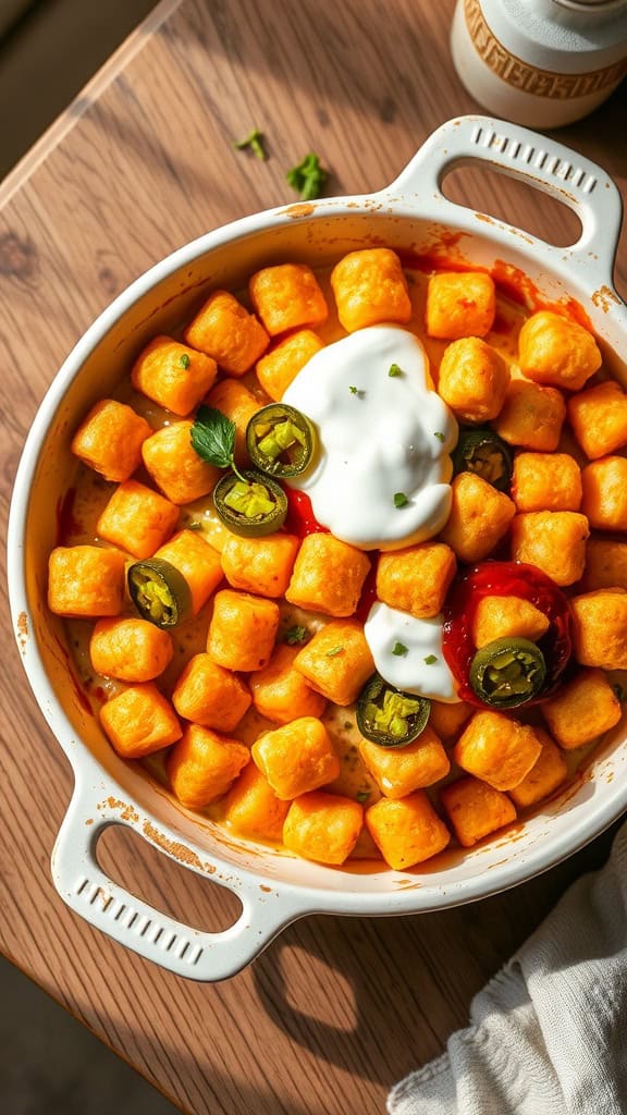 A delicious tater tot casserole topped with Greek yogurt and jalapeños.