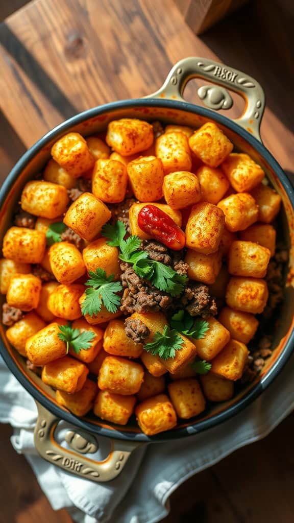 A flavorful tater tot casserole with ground beef, topped with crispy tater tots and garnished with herbs.