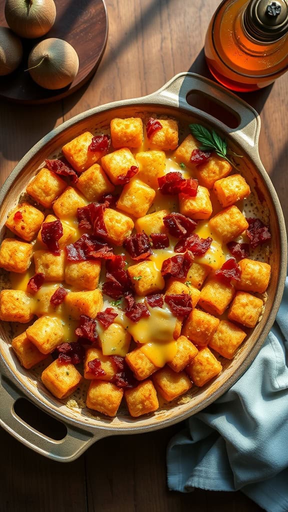 A delicious tater tot casserole topped with crispy bacon and cheddar cheese, drizzled with honey.