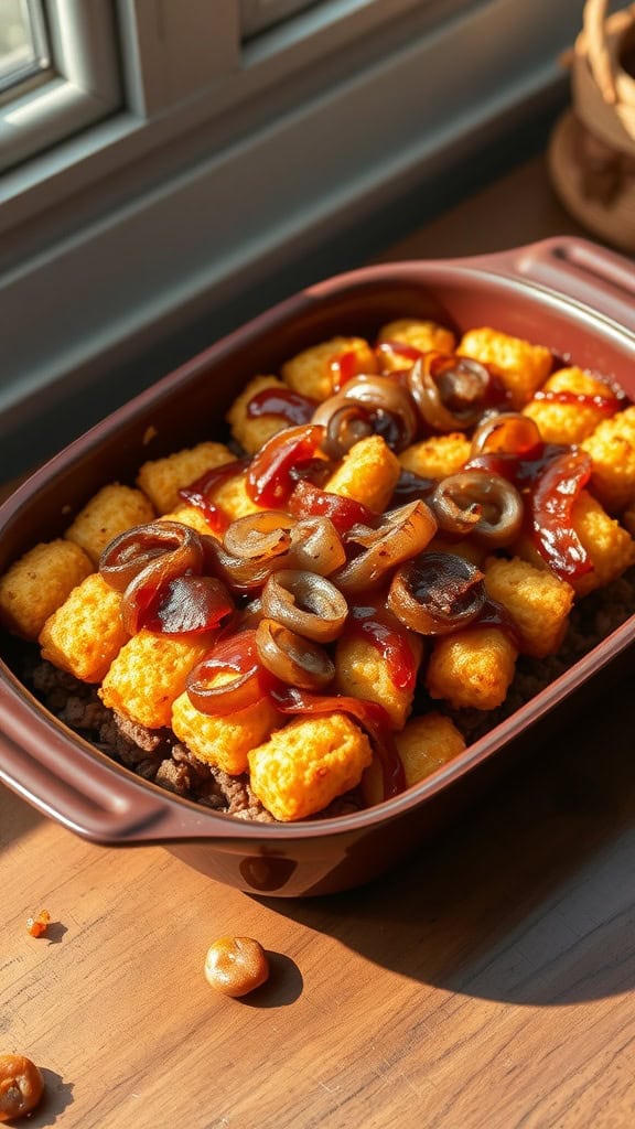 A delicious tater tot casserole topped with caramelized onions and a maple-glazed beef layer.