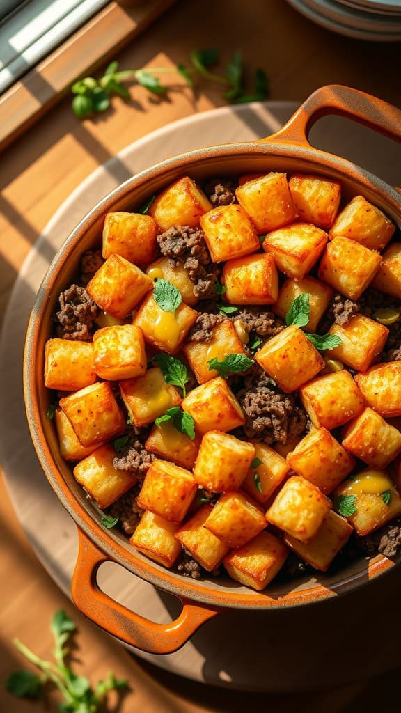 Tater tot casserole with crispy tater tots, ground beef, and cheese.