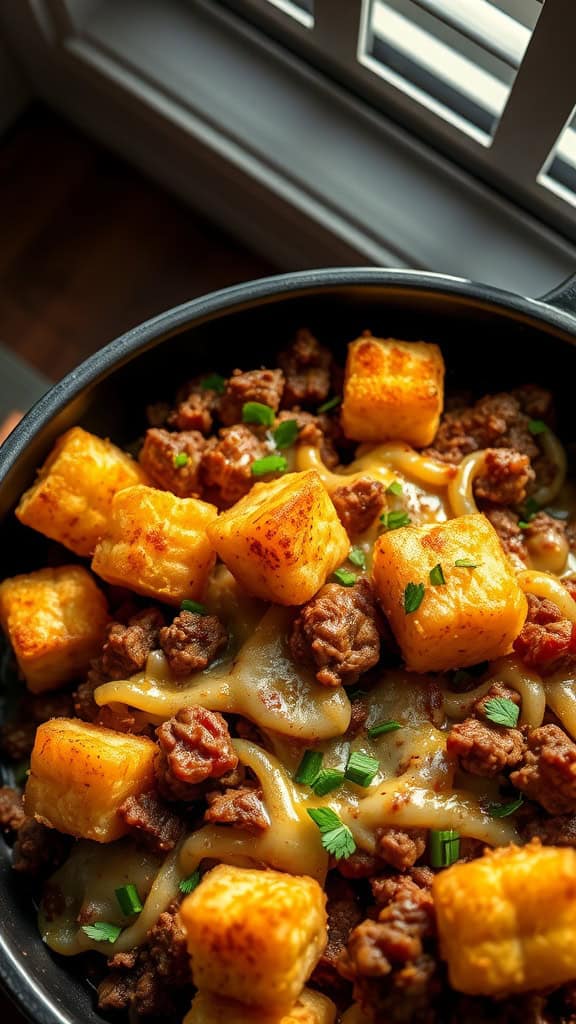 A hearty tater tot casserole with ground beef, topped with golden tater tots and garnished with fresh herbs.