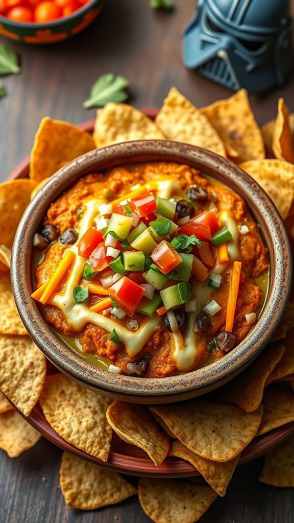 A vibrant and colorful taco dip surrounded by tortilla chips, perfect for a Star Wars party.